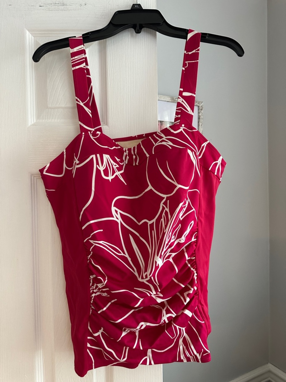 Fuchsia & White Floral Ruched Tankini Top